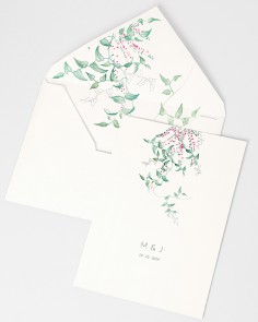 Invitación de boda floral Hiedra y Brezo con sobre forrado blanco verjurado